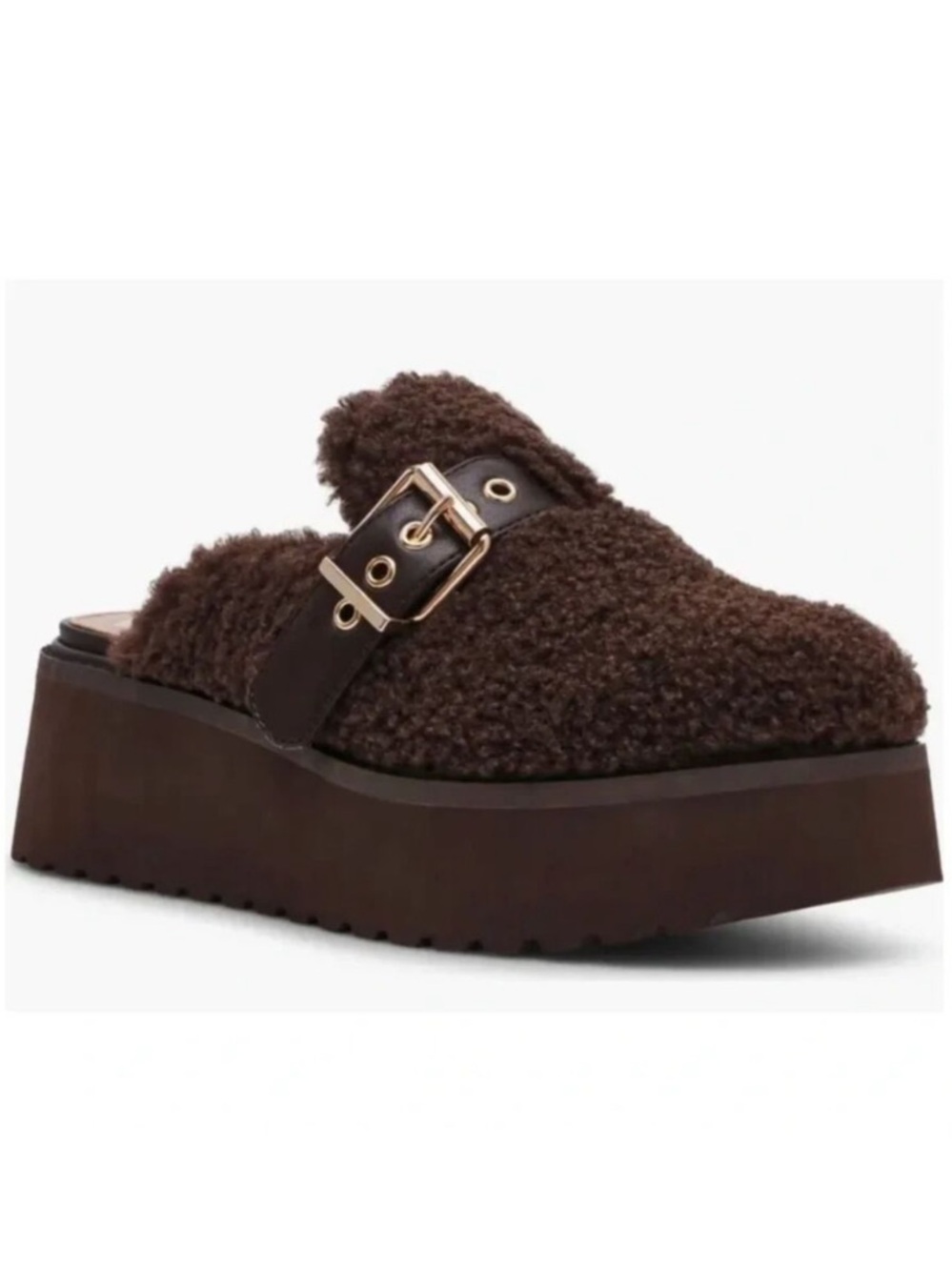 NEW Dolce Vita DV Cozy Faux Fur Shearling Sherpa Platform Clog Brown Buckle 8.5